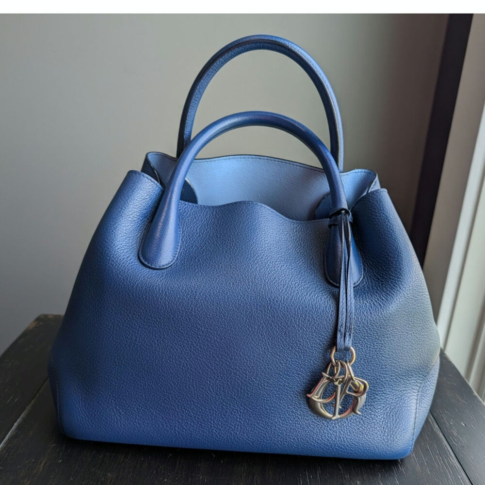 Christian Dior Open Bar Two Way Shoulder Bag Purse in blue leather.